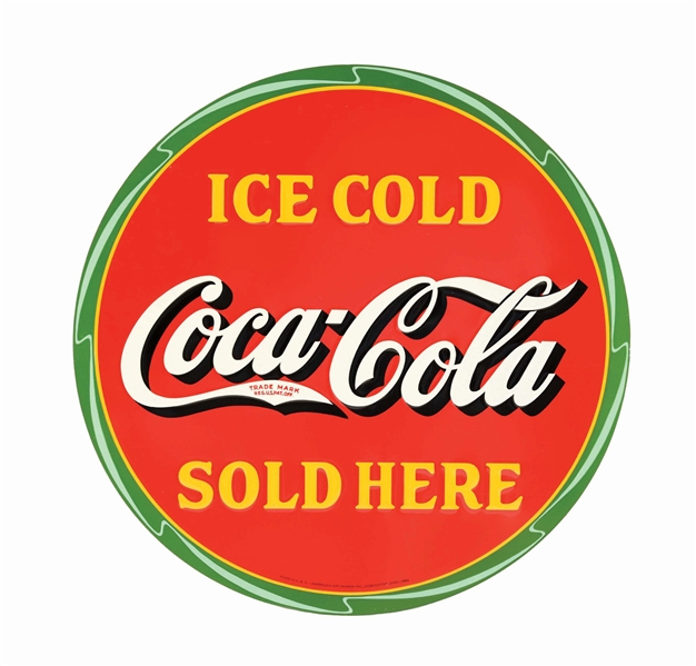 SINGLE-SIDED EMBOSSED TIN COCA-COLA "ICE COLD SOLD HERE" SIGN.