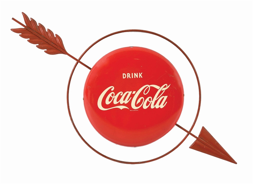 PAINTED METAL COCA-COLA BUTTON WITH CIRCULAR ARROW ATTACHMENT.