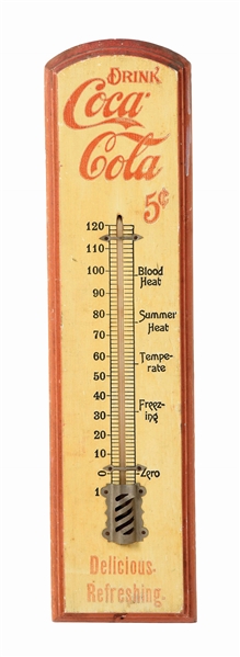 "DRINK COCA-COLA 5¢" WOODEN THERMOMETER.