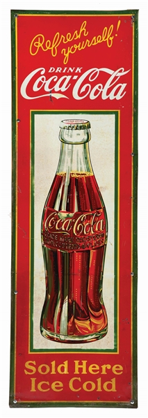 VERTICAL SELF FRAMED TIN COCA-COLA "SOLD HERE ICE COLD" SIGN.