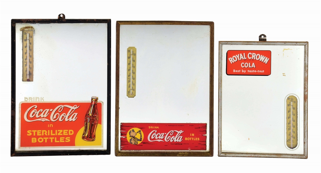 LOT OF 3: SODA-POP MIRRORS WITH THERMOMETERS.