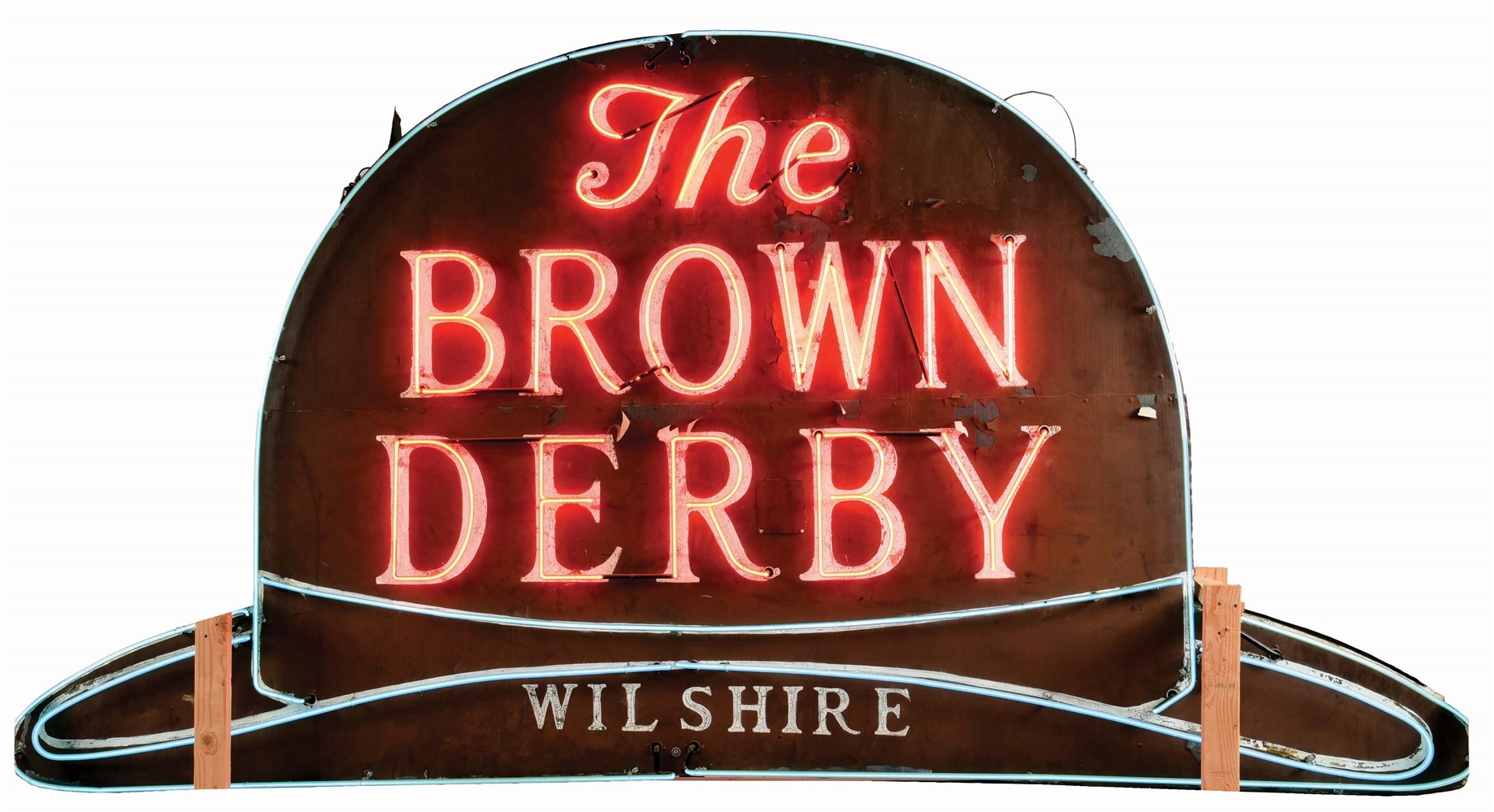 PAINTED RIPPLED STEEL "THE BROWN DERBY WILSHIRE" DOUBLE-SIDED NEON SIGN.