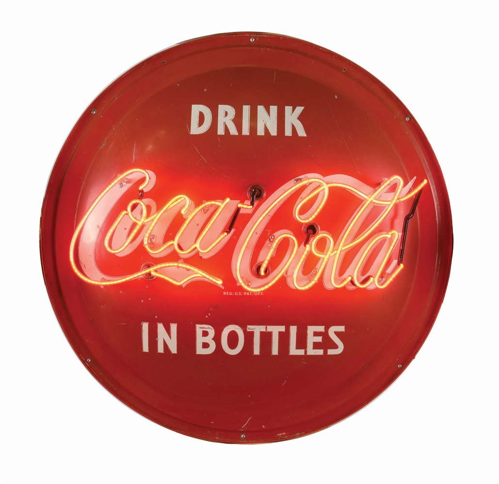 DRINK COCA COLA CONVEX TIN SIGN W/ ADDED NEON MOUNTED ON METAL CAN. 