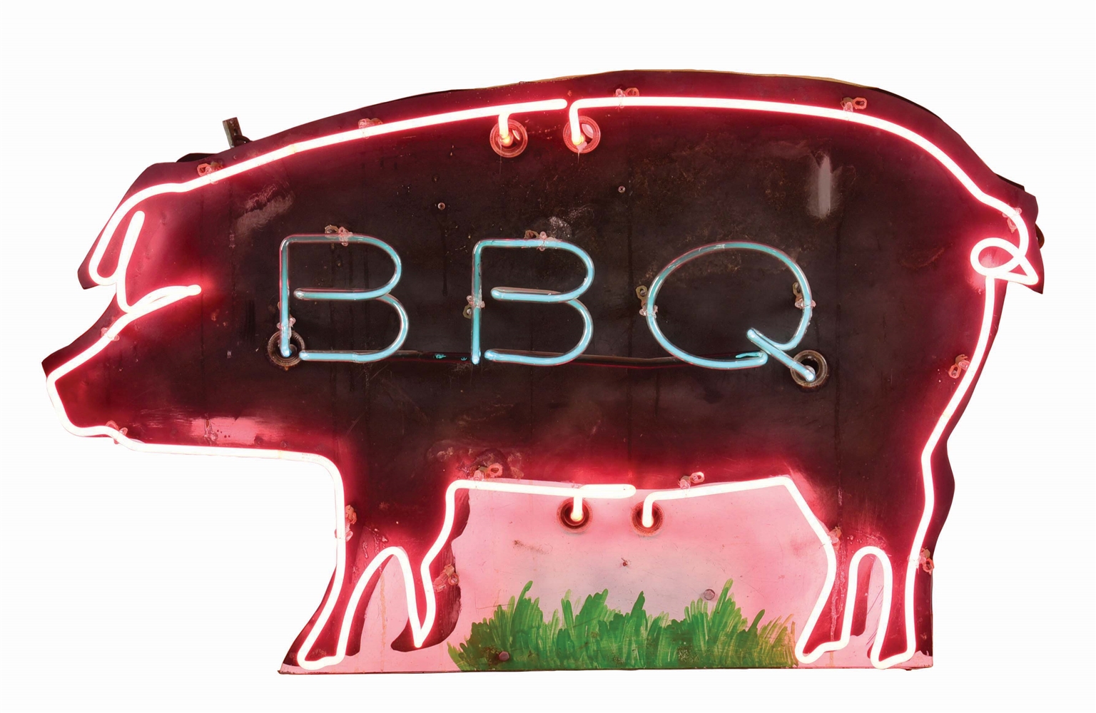 UNIQUE & OUTSTANDING DIE CUT TIN BBQ NEON SIGN W/ PIG GRAPHIC. 