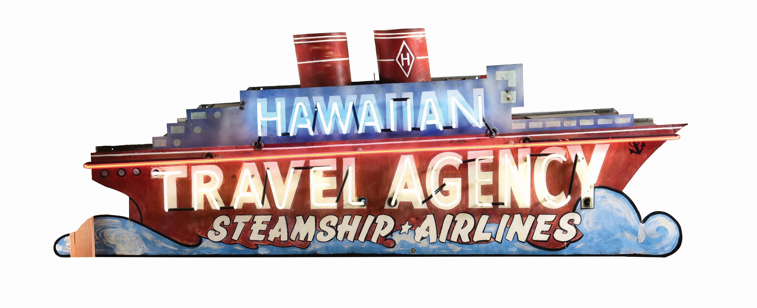 HAWAIIAN TRAVEL AGENCY STEAMSHIP & AIRLINES DIE CUT TIN SHIP NEON SIGN.
