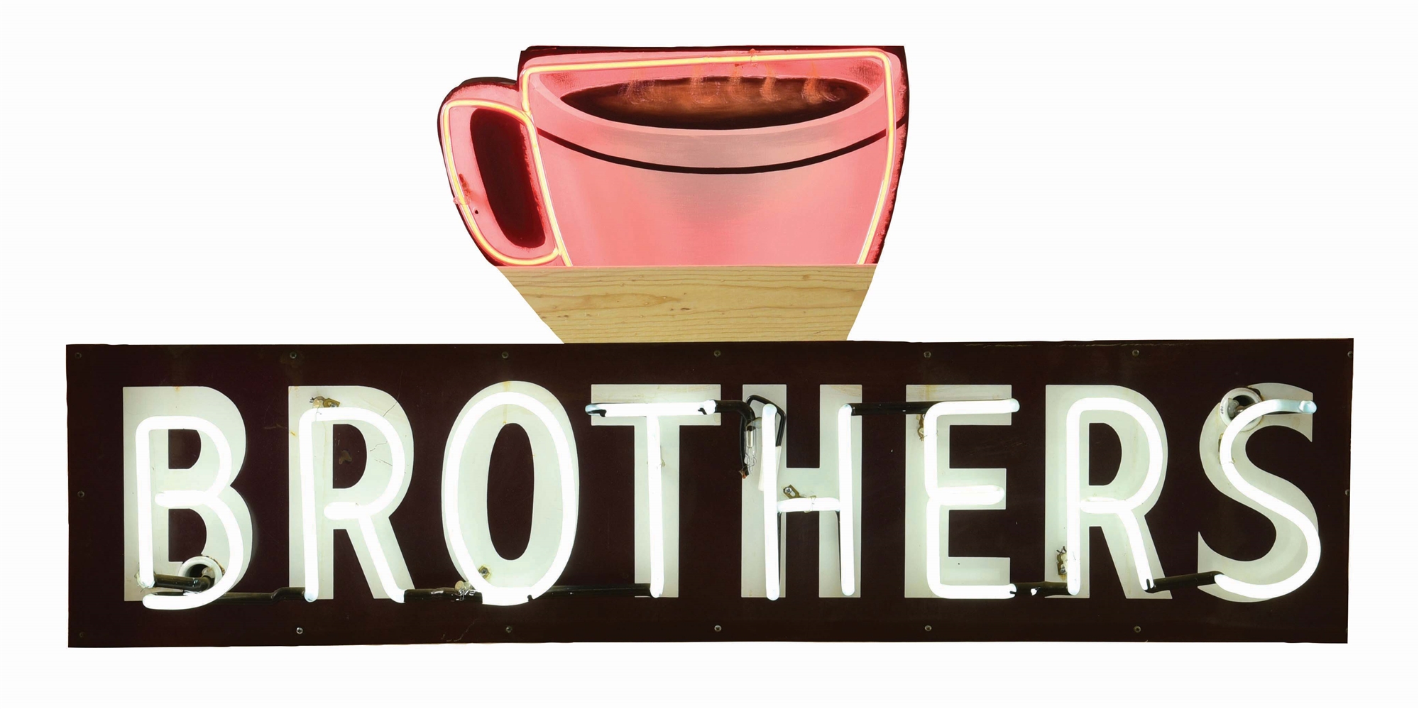 BROTHERS PORCELAIN NEON SIGN W/ ADDED PAINTED TIN COFFEE MUG. 