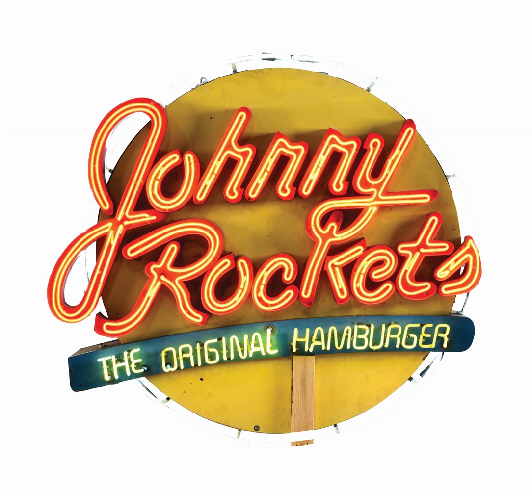 JOHNNY ROCKETS "THE ORIGINAL HAMBURGER" THREE DIMENSIONAL TIN & NEON RESTAURANT SIGN. 
