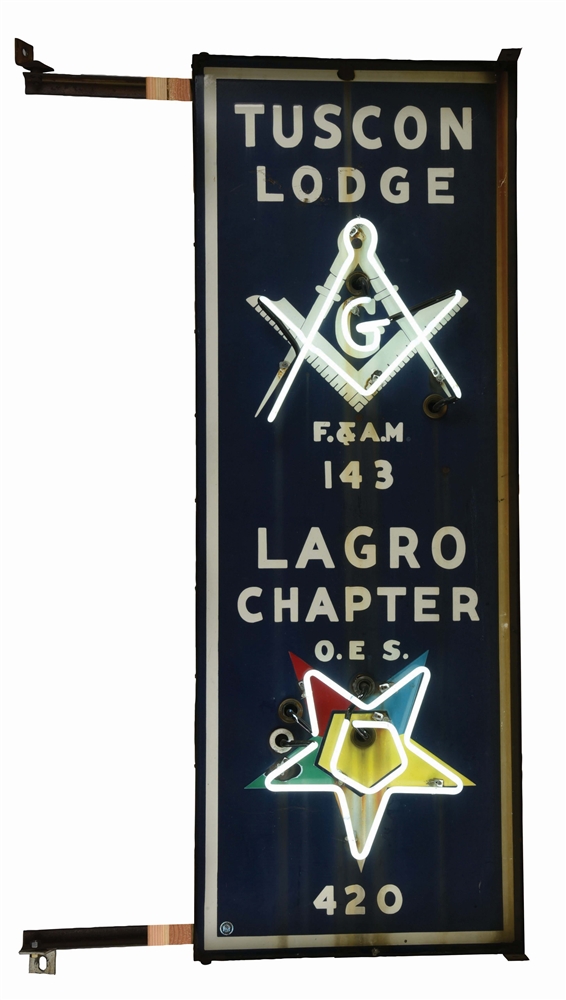 TUSCON MASONIC LODGE PORCELAIN COMPLETE NEON SIGN MOUNTED ON ORIGINAL CAN. 
