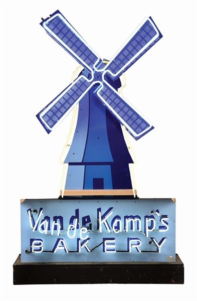 DIE CUT PORCELAIN VAN DE KAMPS BAKERY NEON SIGN W/ ARTICULATING WINDMILL. 