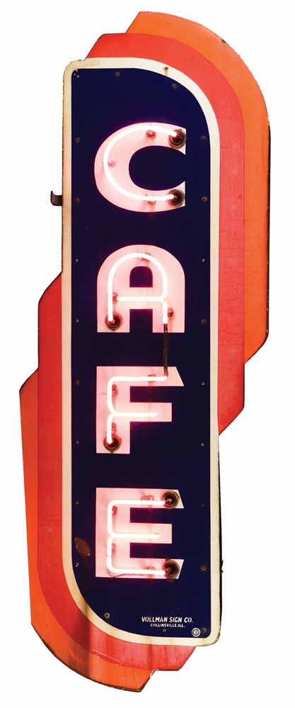 DIE CUT PORCELAIN CAFE NEON SIGN MOUNTED ON ORIGINAL METAL CAN. 