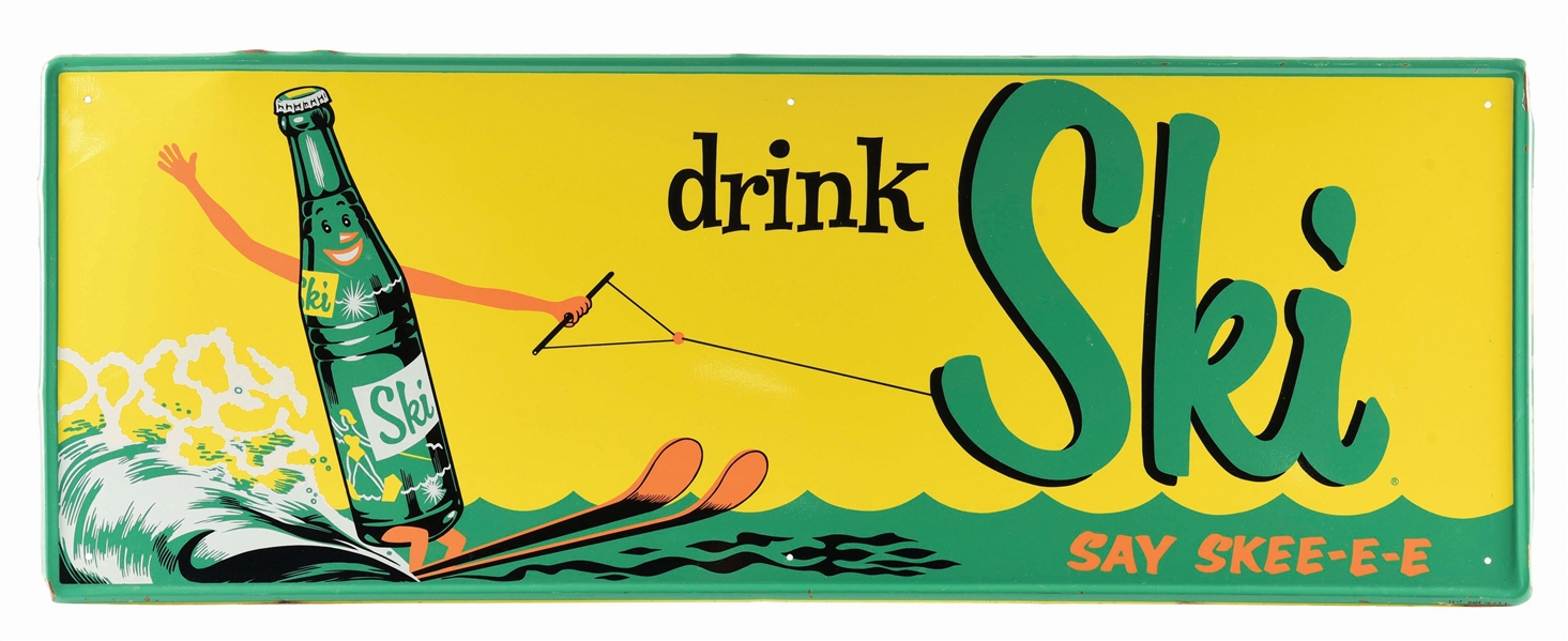 SKI "DRINK SKI SAY SKEE-E-E" SODA POP BOTTLE SIGN.