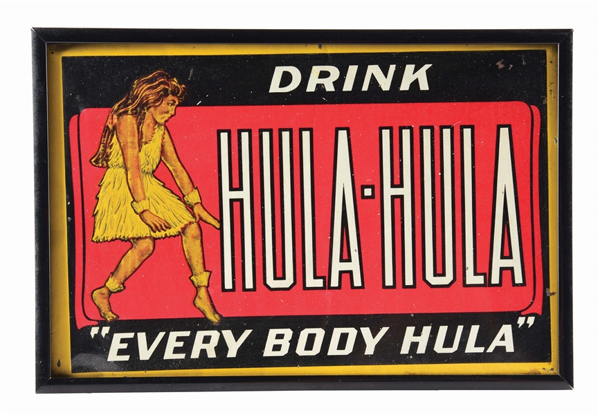 "DRINK HULA-HULA" TIN OVER CARDBOARD ADVERTISEMENT.