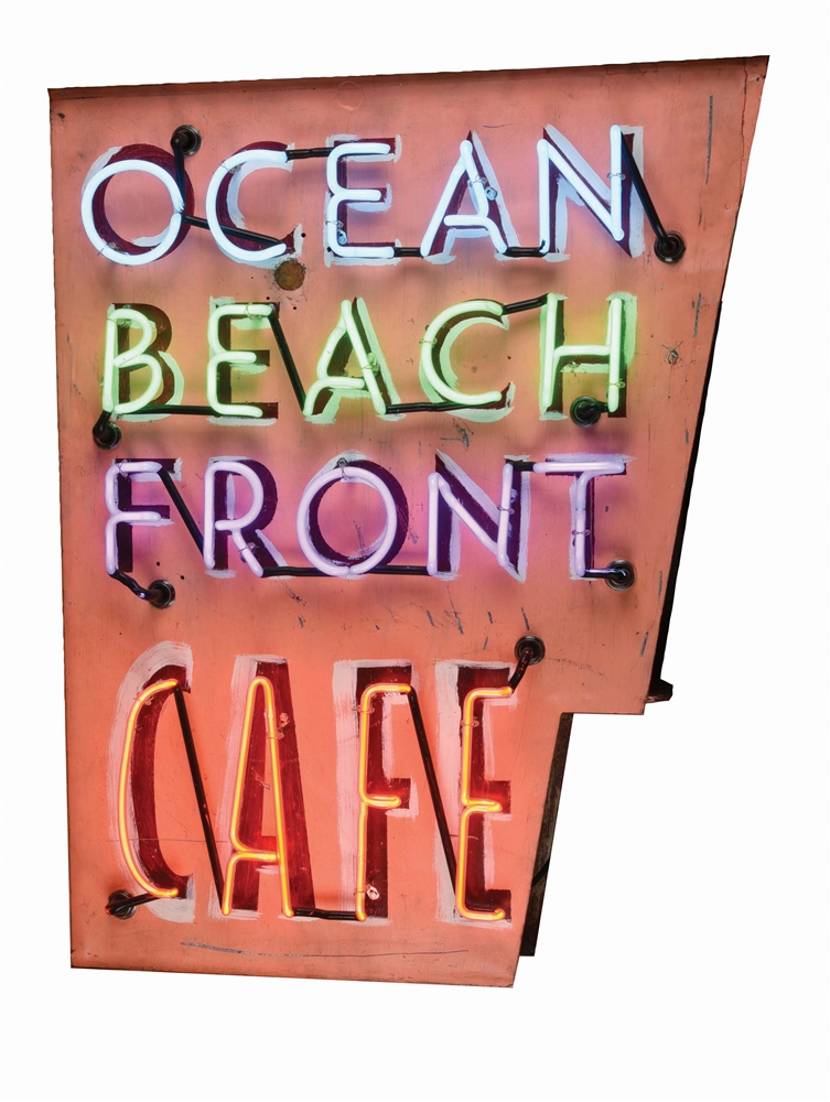 OCEAN BEACHFRONT CAFE PAINTED TIN NEON SIGN W/ FOUR COLOR NEON. 