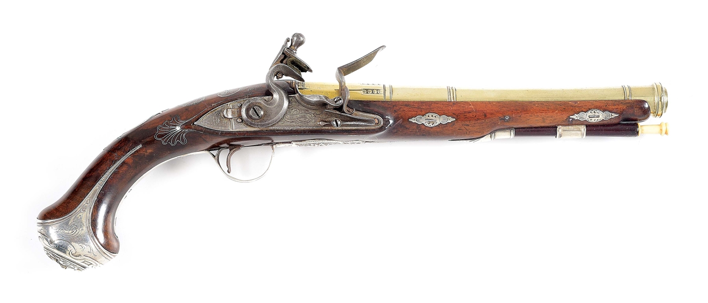 (A) ORNATE SILVER MOUNTED BRITISH FLINTLOCK OFFICERS PISTOL BY J. REA, 1779, WITH PAKTONG BARREL.