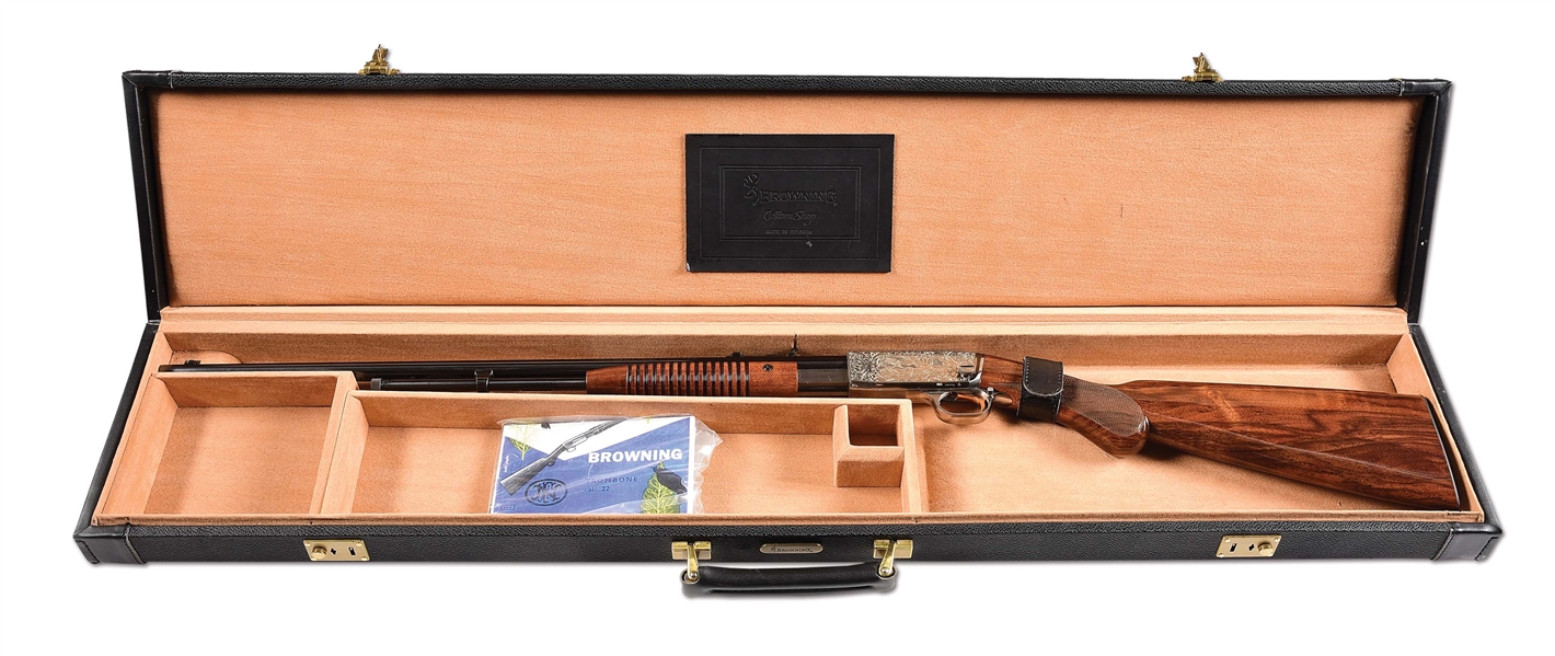 (M) FACTORY ENGRAVED BROWNING GRADE III TROMBONE SLIDE ACTION RIFLE WITH CASE.