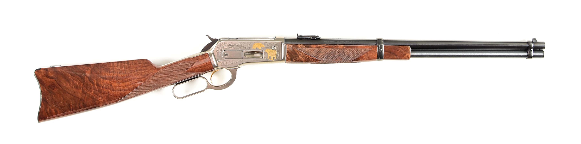 (M) T. MORI ENGRAVED BROWNING MODEL 1886 (1 OF 3000) HIGH GRADE LEVER ACTION SADDLE RING CARBINE.