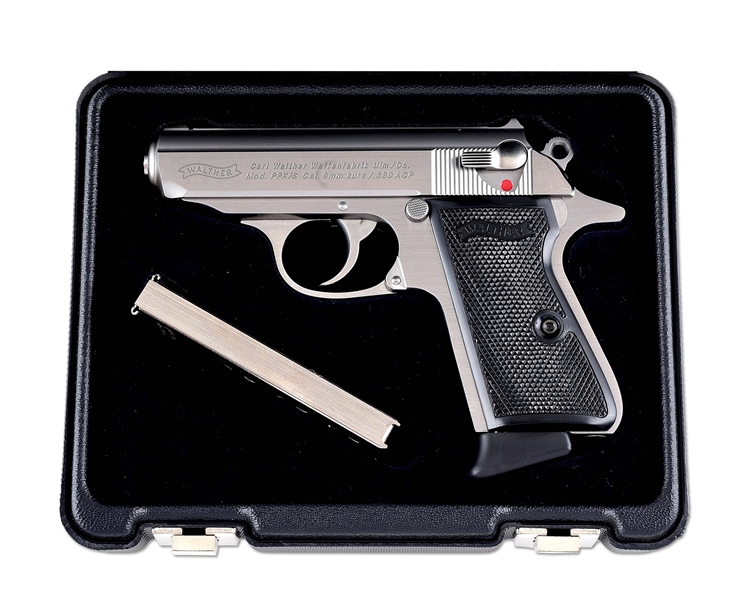 (M) STAINLESS STEEL WALTHER PPK/S .380 ACP SEMI-AUTOMATIC PISTOL WITH FACTORY BOX & CASE.