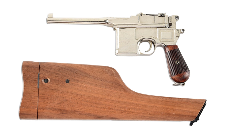 (C) NICKEL FINISHED PRE WAR COMMERCIAL MAUSER C96 SEMI-AUTOMATIC PISTOL WITH STOCK.