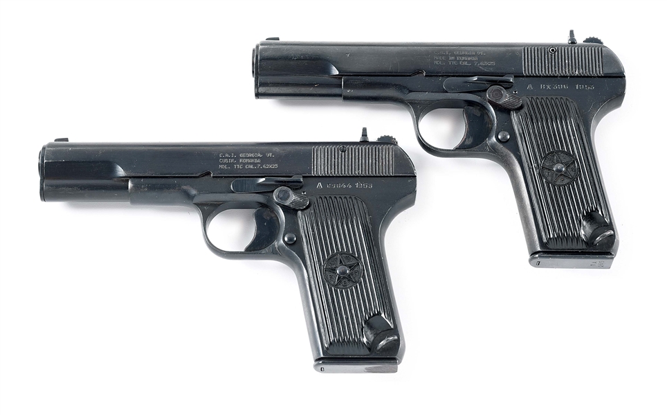 (C) LOT OF 2: ROMANIAN "1953" DATED TTC SEMI-AUTOMATIC PISTOLS WITH HOLSTERS.
