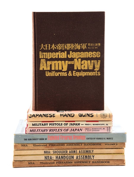 LOT OF 9 BOOKS, INCLUDING EXPLODED FIREARM DRAWING AND JAPANESE MILITARIA BOOKS.