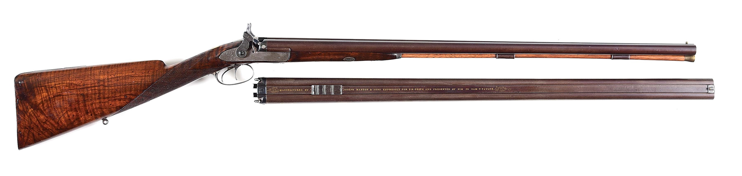 (A) JOSEPH MANTON & SONS PERCUSSION SIDE BY SIDE SHOTGUN WITH RIFLE BARRELS