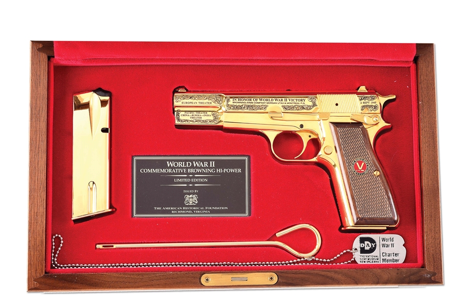 (M) GOLD PLATED BROWNING HI-POWER LIMITED EDITION WORLD WAR II COMMEMORATIVE SEMI-AUTOMATIC PISTOL WITH DISPLAY CASE & FACTORY CASE.