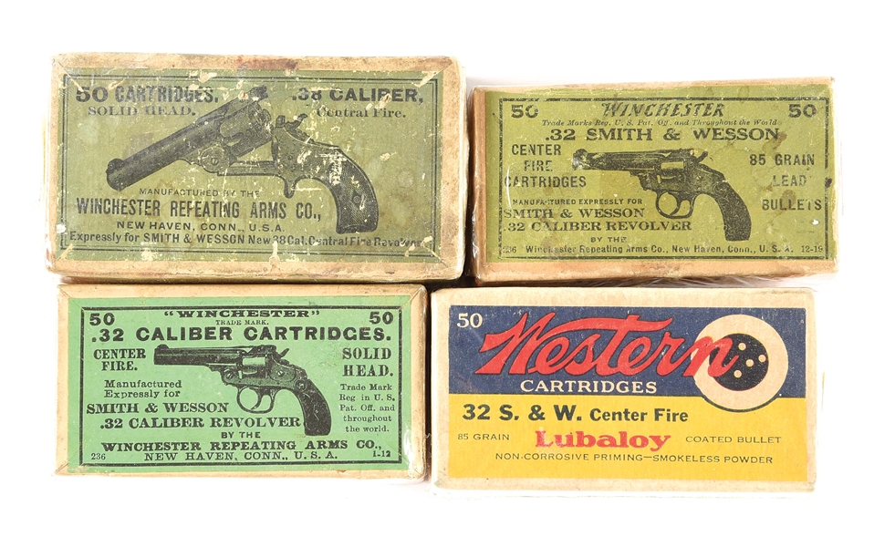 LOT OF 4: BOXES OF .32 AND .38 SMITH & WESSON CARTRIDGES.