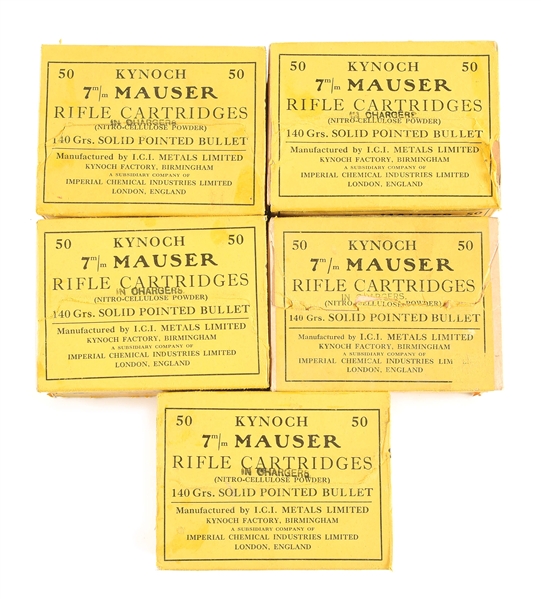 LOT OF 5: BOXES OF 7MM MAUSER BY KYNOCH
