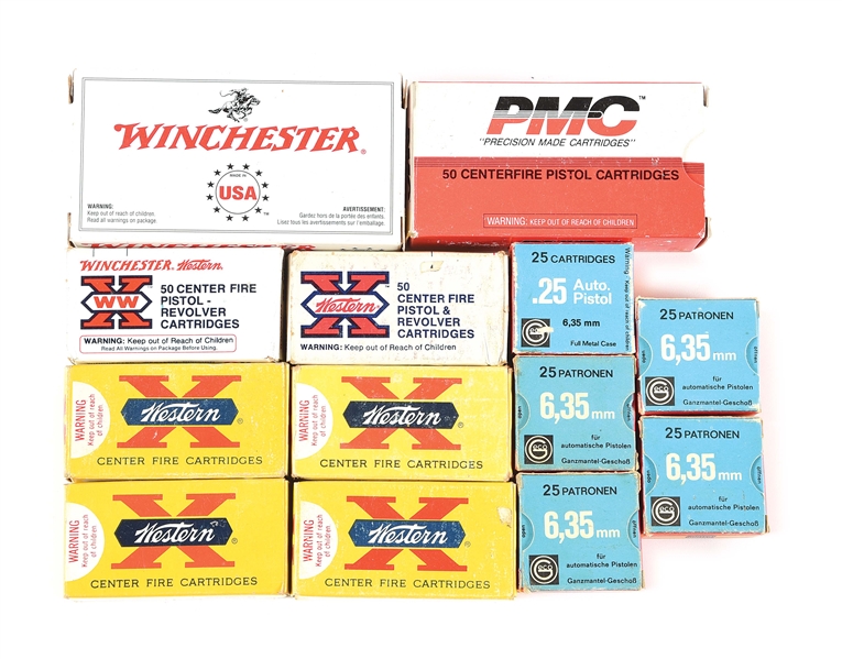 LOT OF 13: BOXES OF .25 ACP AMMUNITION.
