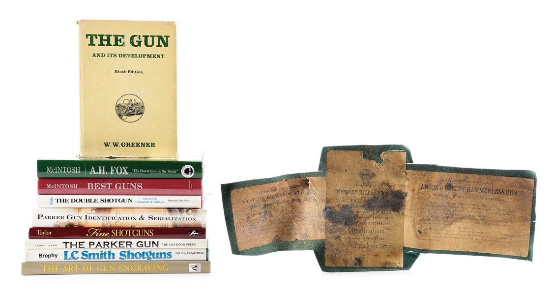 LOT OF 10: 9 SHOTGUN RELATED BOOKS AND AN OLD SHOTGUN CASE LINER.