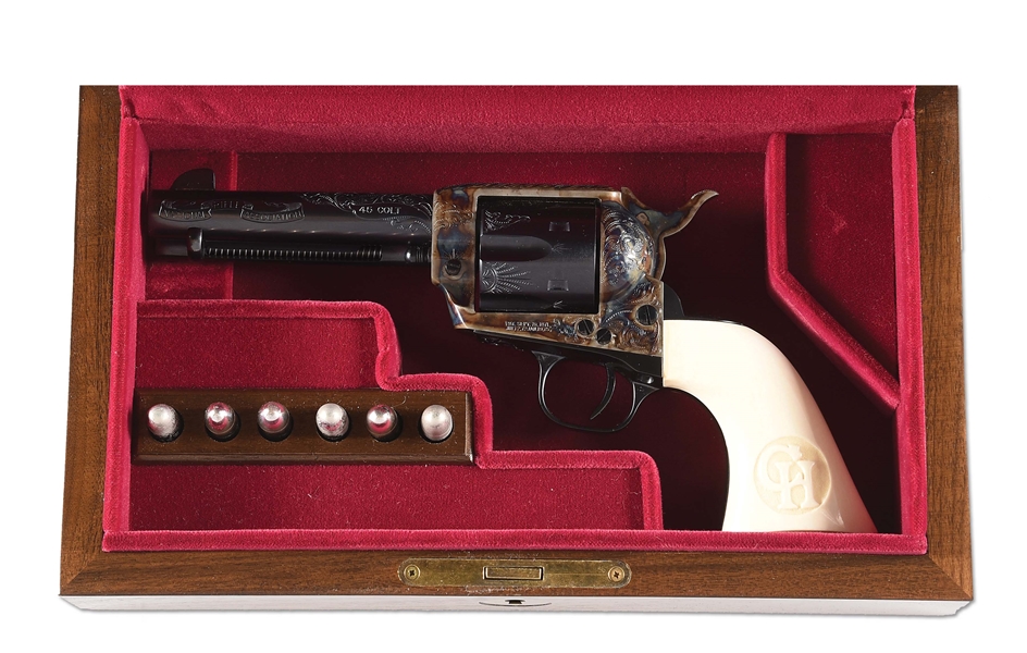 (M) COLT SINGLE ACTION ARMY NRA CHARLTON HESTON COMMEMORATIVE ENGRAVED REVOLVER WITH PRESENTATION CASE ANDFACTORY BOX.