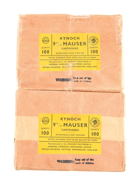 LOT OF 2: BOXES OF KYNOCH 9MM MAUSER CARTRIDGES.
