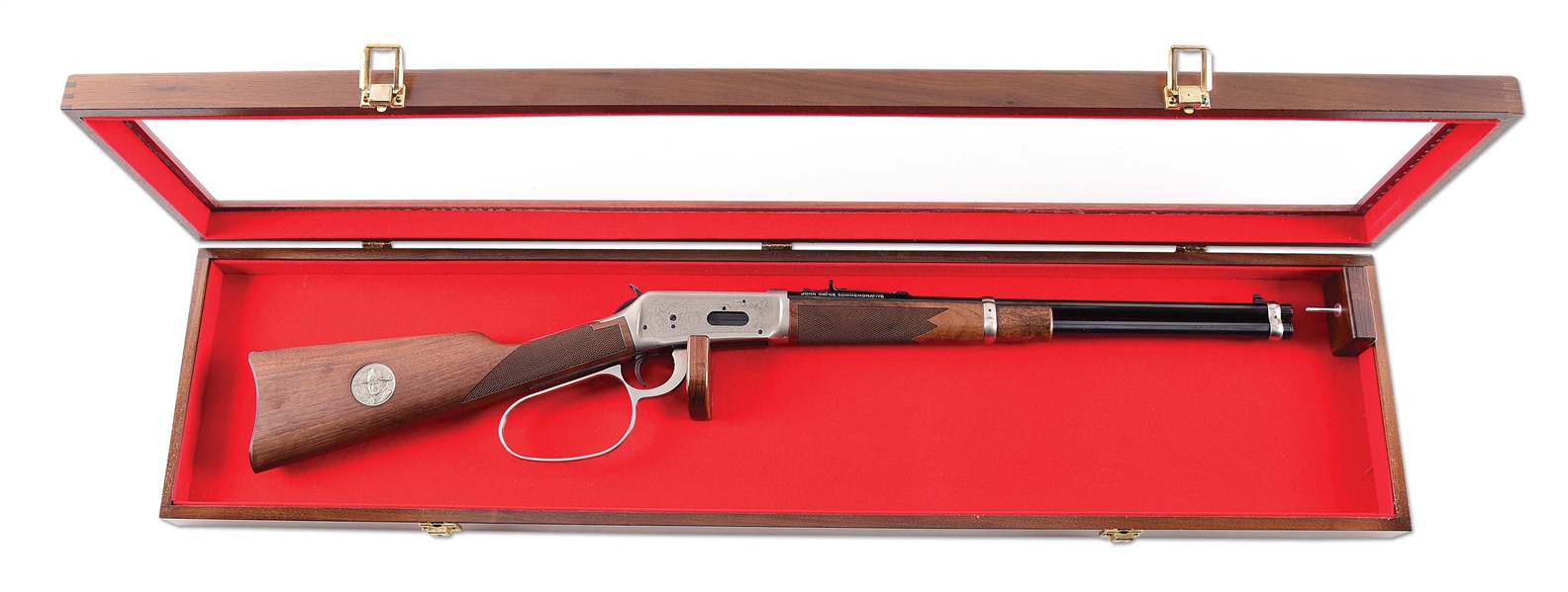 (M) WINCHESTER MODEL 94 JOHN WAYNE COMMEMORATIVE LEVER ACTION RIFLE IN FACTORY BOX AND DISPLAY CASE.
