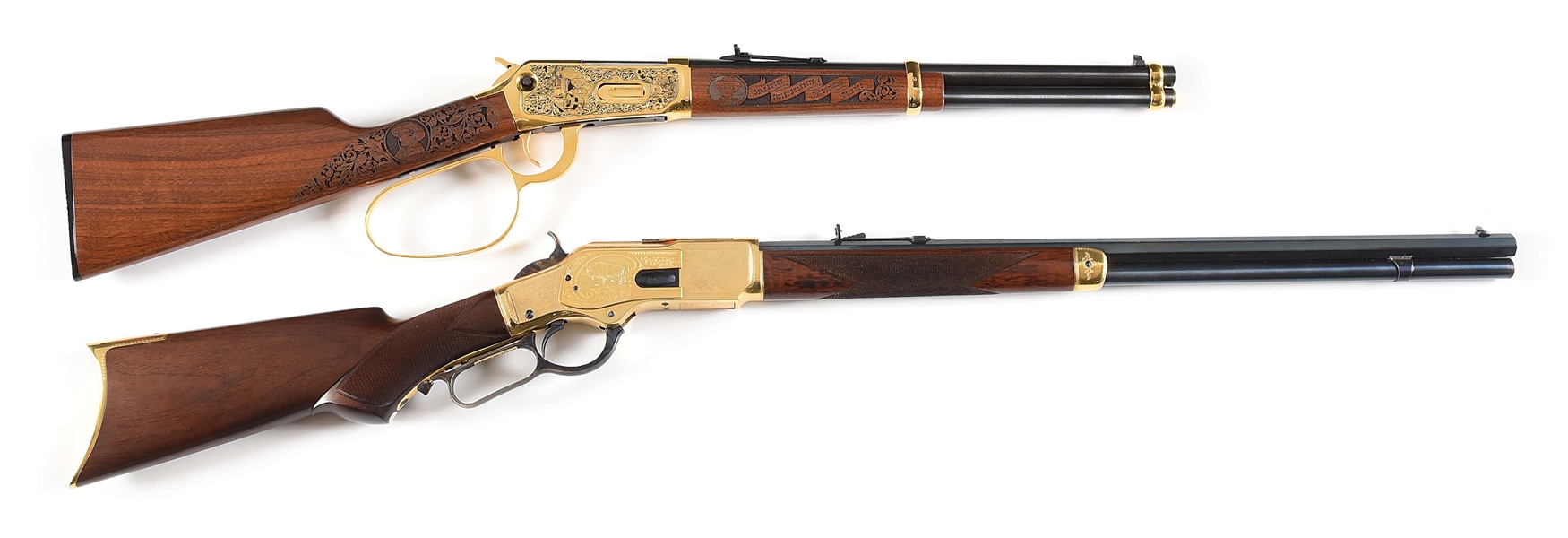 (M) LOT OF 2: WINCHESTER GENE AUTRY, SMILEY BURNETTE, AND PAT BUTTRAM TRIBUTE 94AE LEVER ACTION RIFLE AND WINCHESTER MODEL 1873 DISPLAY GUN WITH FACTORY BOXES.