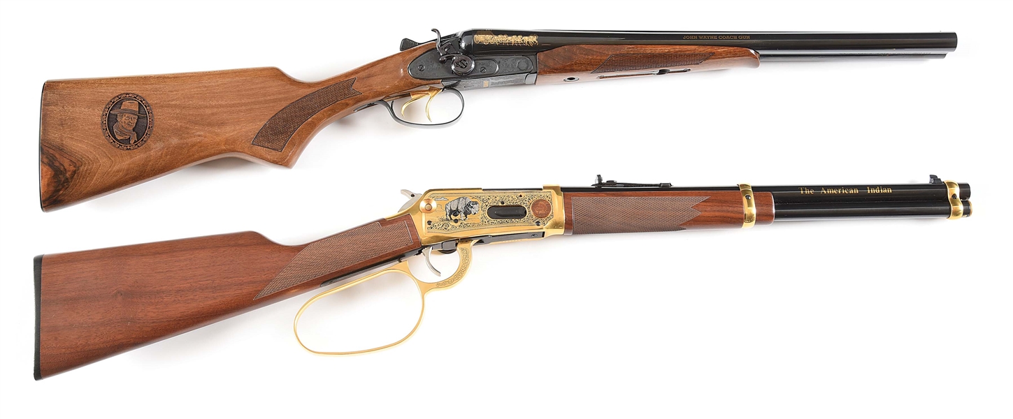 (M) LOT OF 2: EAA JOHN WAYNE COMEMMORATIVE SIDE BY SIDE COACH GUN AND WINCHESTER AMERICAN INDIAN COMEMMORATIVE 94AE LEVER ACTION RIFLE WITH BOXES.