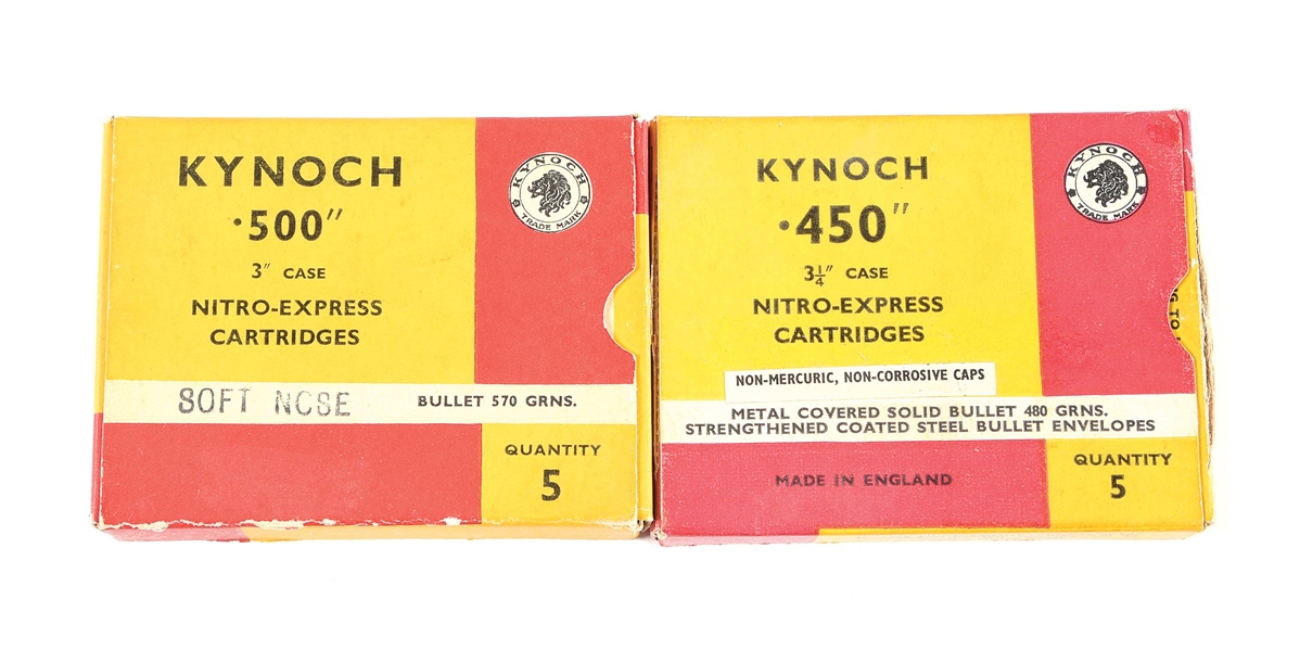LOT OF 2: KYNOCH BOXES OF .450 - 3 - 1/4" NITRO EXPRESS AND .500 - 3" NITRO EXPRESS.