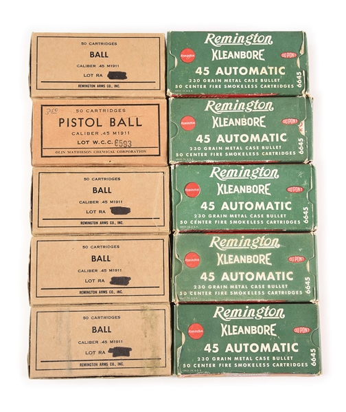 LOT OF 10: BOXES OF .45 ACP AMMUNITION.