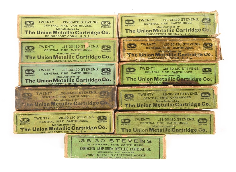 LOT OF 11: UMC BOXES OF .28-30-120 STEVENS AMMO AND BRASS.