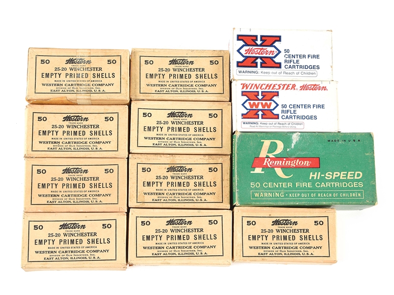 LOT OF 12: BOXES OF AMMO AND PRIMED SHELLS.