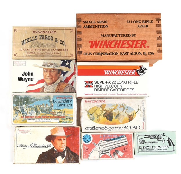 LOT OF 8 BOXES OF WINCHESTER AND NAVY ARMS CO. AMMO.