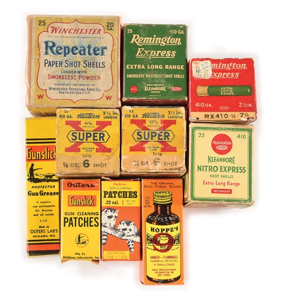LOT OF 10: ANTIQUE BOXES OF AMMO AND CLEANING SUPPLIES.