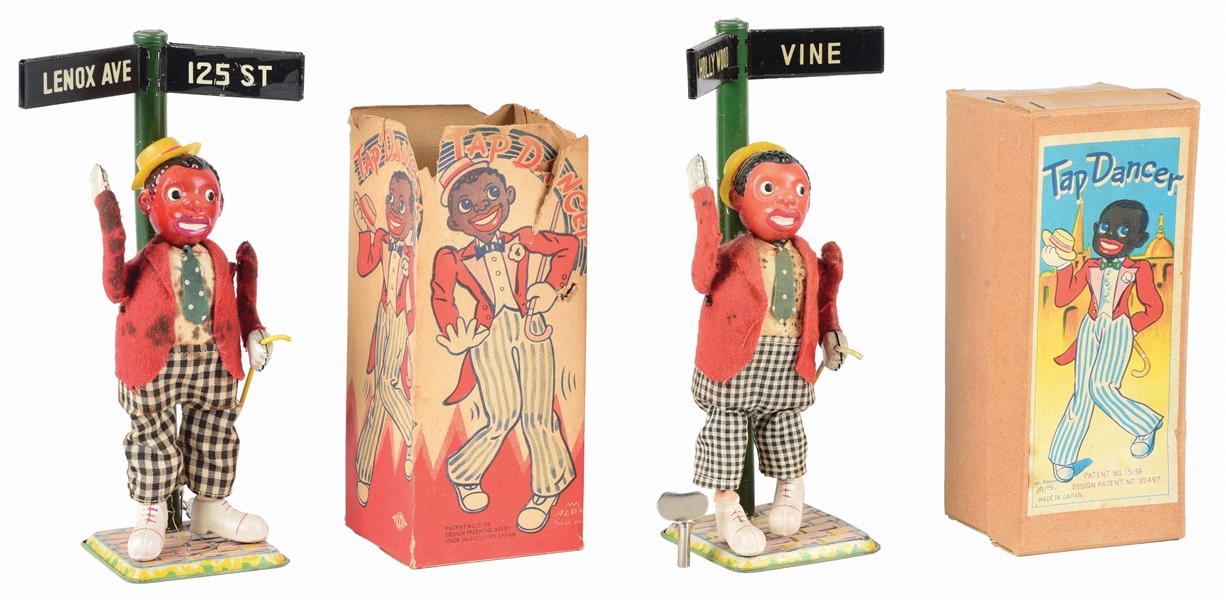 LOT OF 2: EARLY JAPANESE TIN LITHO AND CELLULOID AFRICAN-AMERICAN DANCING TOYS.