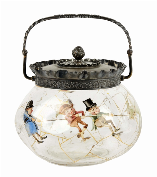 EARLY HAND-PAINTED NAPOLI MT. WASHINGTON GLASS BISCUIT JAR.