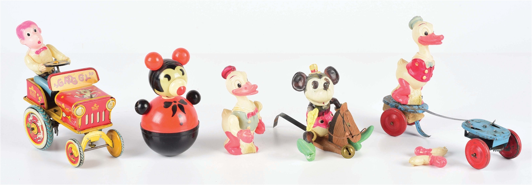 LOT OF 5: VARIOUS DISNEY AND OTHER CHARACTER TIN AND CELLULOID ITEMS.