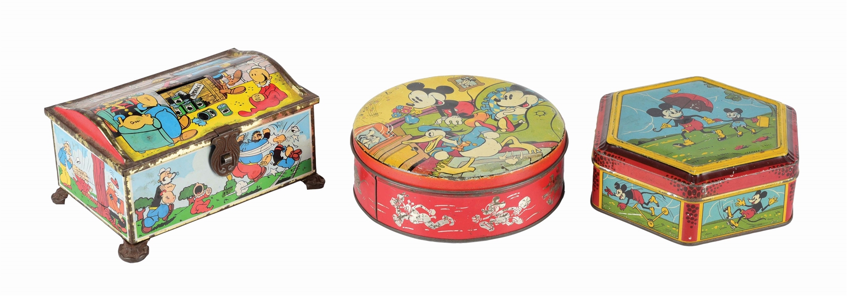 LOT OF 3: FOREIGN MADE TIN LITHO CHARACTER TINS.