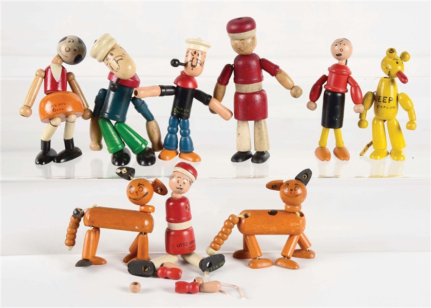 LOT OF 9: AMERICAN MADE PRE-WAR CHARACTER WOOD JOINTED FIGURES.