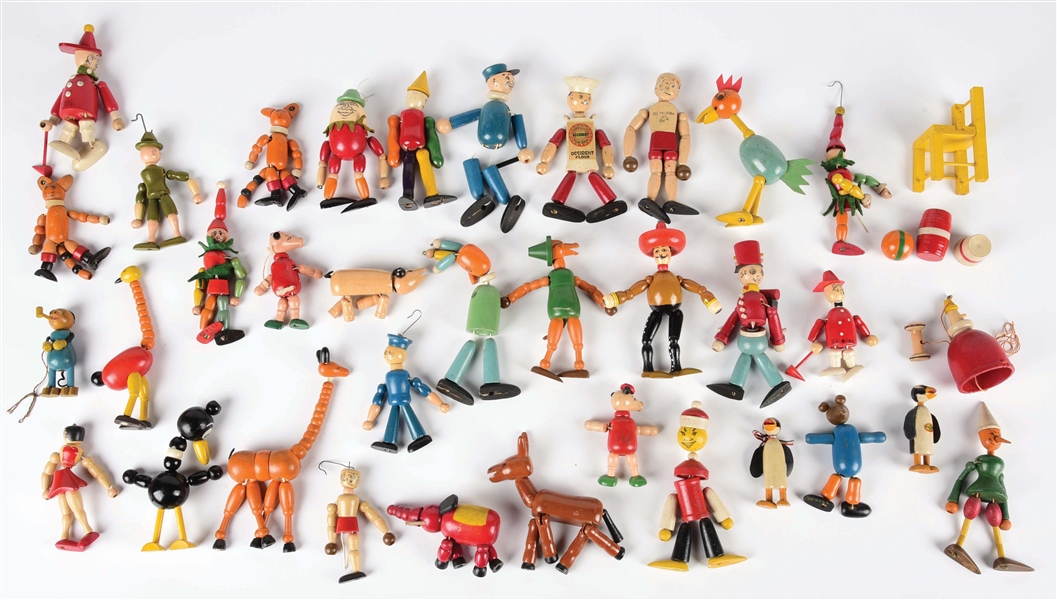 LOT OF APPROXIMATELY 30: VARIOUS EARLY PRE-WAR WOODEN CHARACTER JOINTED FIGURES.