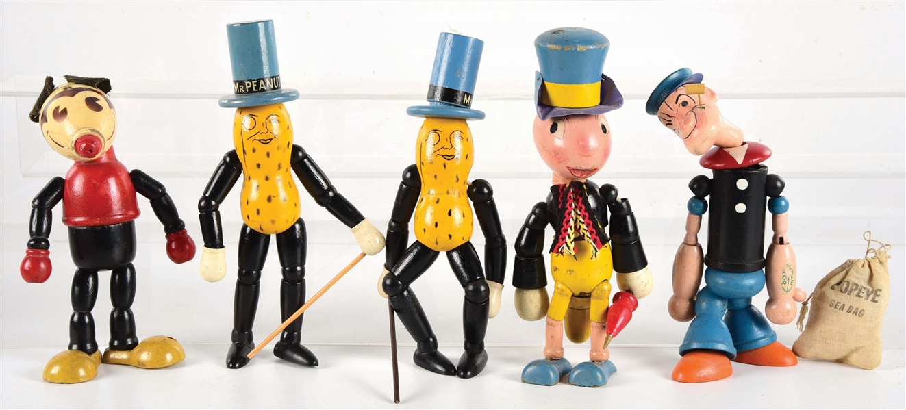 LOT OF 5: AMERICAN MADE WOOD JOINTED CHARACTER FIGURES.