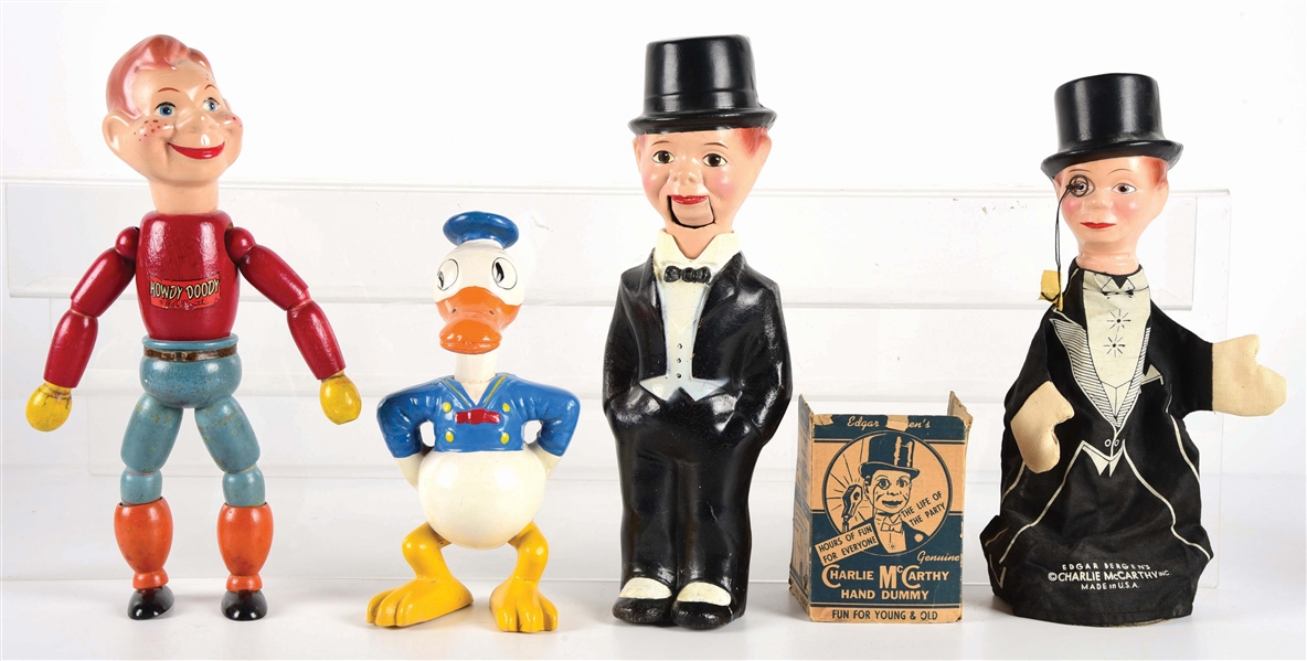 LOT OF 4: VARIOUS AMERICAN MADE CHARACTER FIGURES AND PUPPETS.