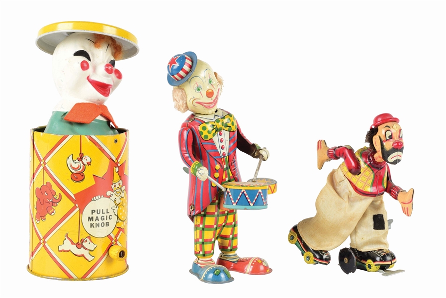 LOT OF 3: VARIOUS JAPANESE AND AMERICAN MADE CLOWN TOYS.